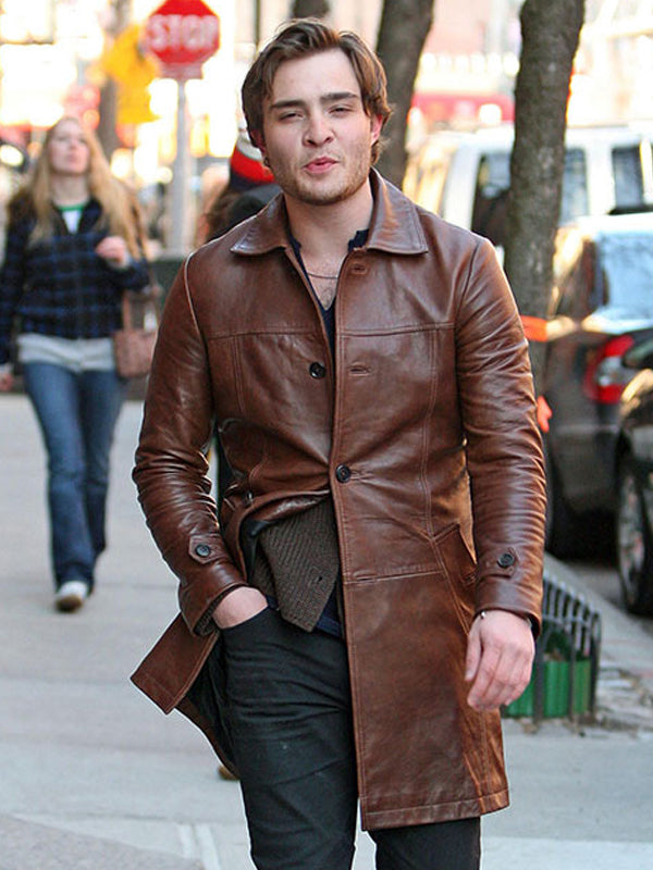 Ed Westwick Gossip Girl Brown Leather Coat
