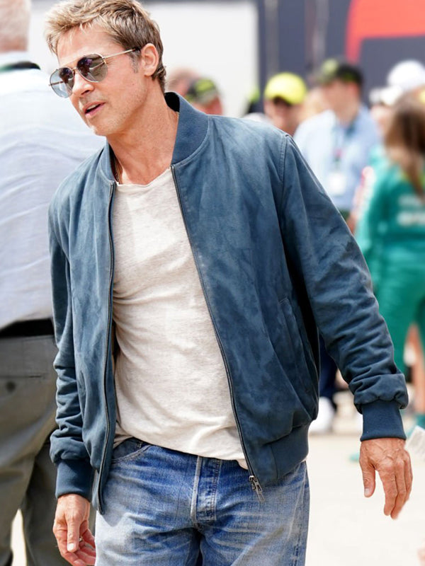 F1 Brad Pitt British Grand Prix Blue Suede Jacket Winter Sale