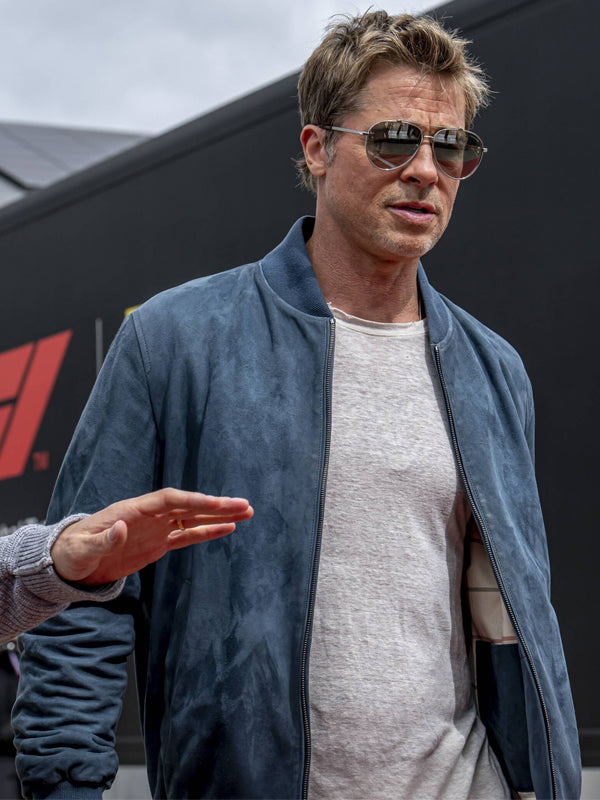 F1 Brad Pitt British Grand Prix Blue Suede Jacket on Sale