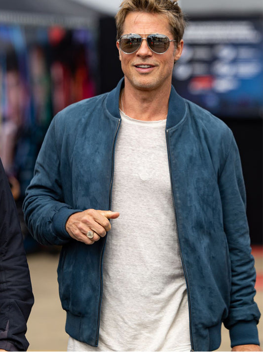 F1 Brad Pitt British Grand Prix Blue Suede Jacket