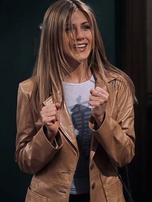 Friends Rachel Jennifer Aniston Tan Brown Leather Blazer Free Shipping UK USA Canada