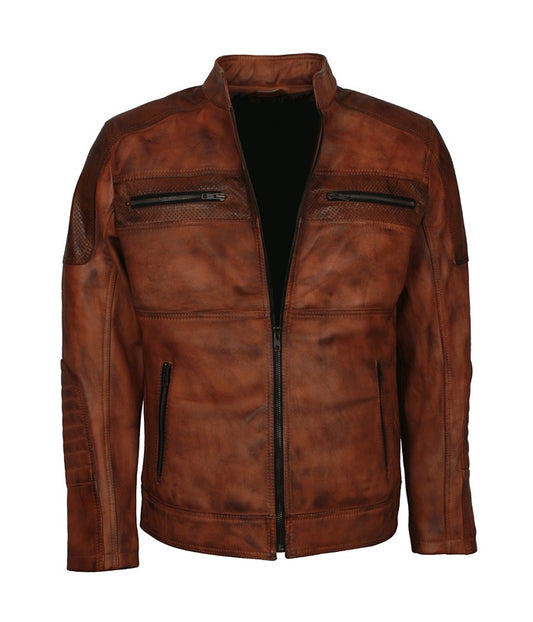 Men Biker Distressed Brown Leather Jacket Free Shipping UK USA Canada