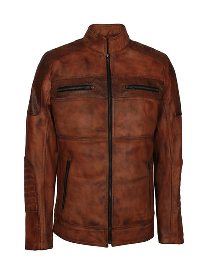 Men Biker Distressed Brown Leather Jacket