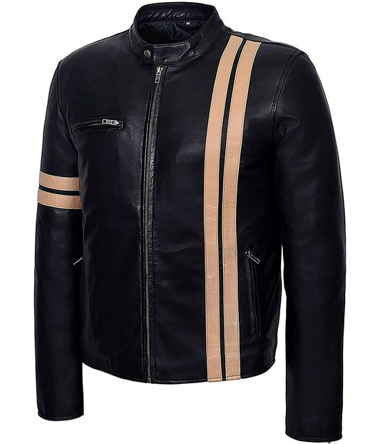 Men Biker Striped Black Leather Motorcycle Jacket Free Shipping UK USA Canada