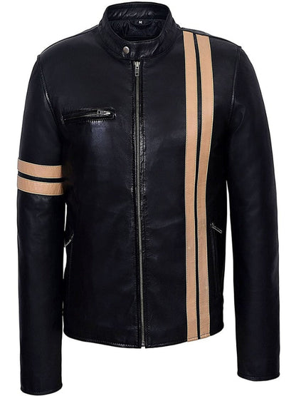 Men Biker Striped Black Leather Motorcycle Jacket