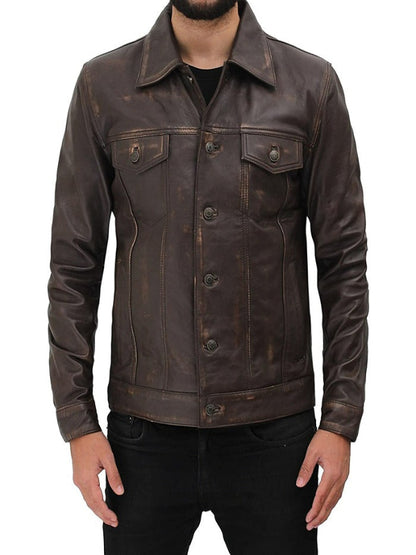 Mens Brown Distressed Leather Trucker Jacket