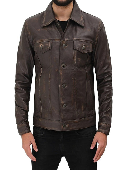 Mens Brown Distressed Leather Trucker Jacket