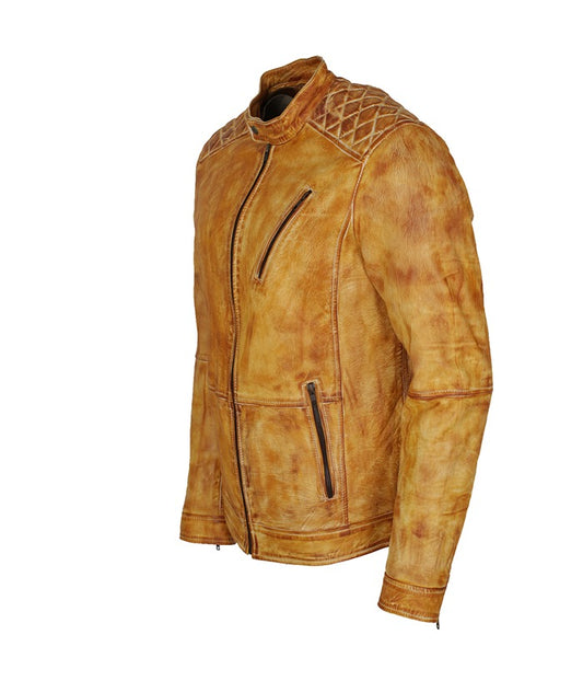Mens Cafe Racer Distressed Yellow Leather Jacket Black Friday Sale
