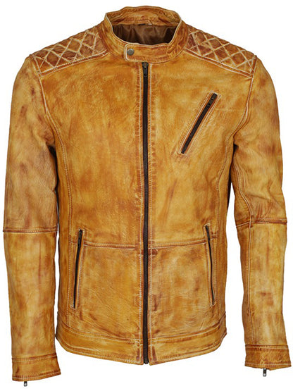 Mens Cafe Racer Distressed Yellow Leather Jacket