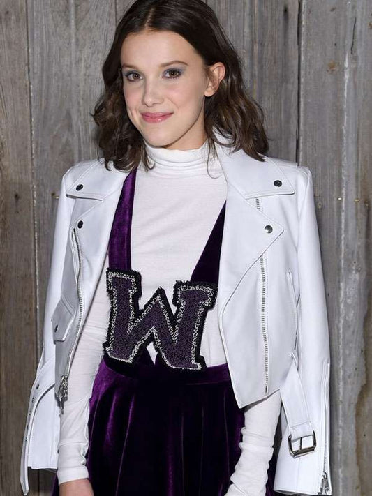 Millie Bobby Brown NYFW White Biker Leather Jacket