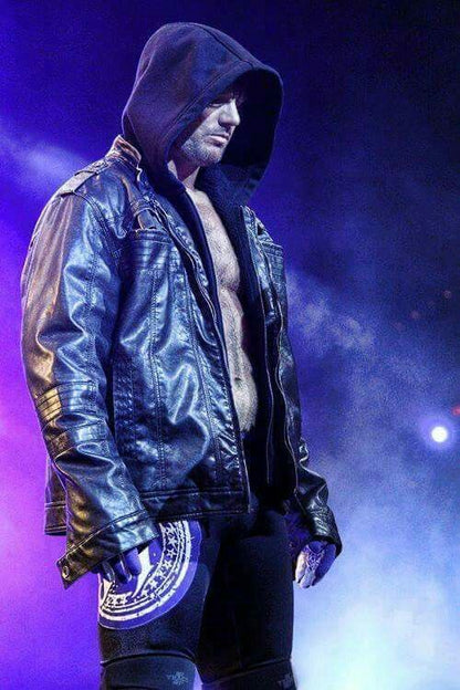 TNA AJ Styles Hooded Black Leather Jacket Free Shipping