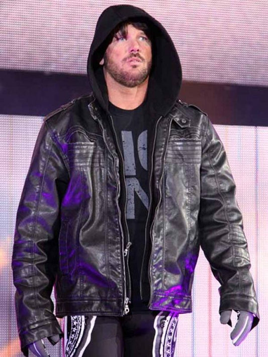 TNA AJ Styles Hooded Black Leather Jacket Gifts for Him