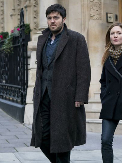 Tom Burke C.B. Strike Brown Wool Coat on Sale