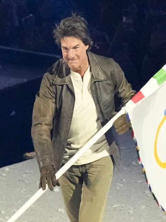 Tom Cruise Paris Olympics Brown Leather Jacket Free Shipping UK USA Canada