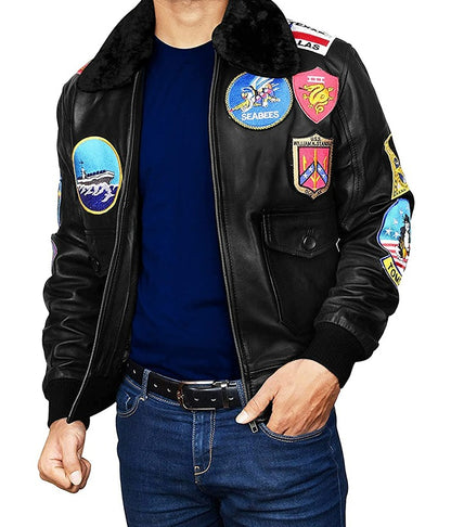 Tom Cruise Top Gun Flight Black Bomber Leather Aviator Jacket Free Shipping UK USA Canada