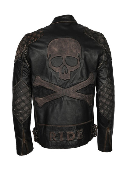 Vintage Distressed Skull Embossed Motorcycle Leather Jacket Free Shipping USA UK Germany France