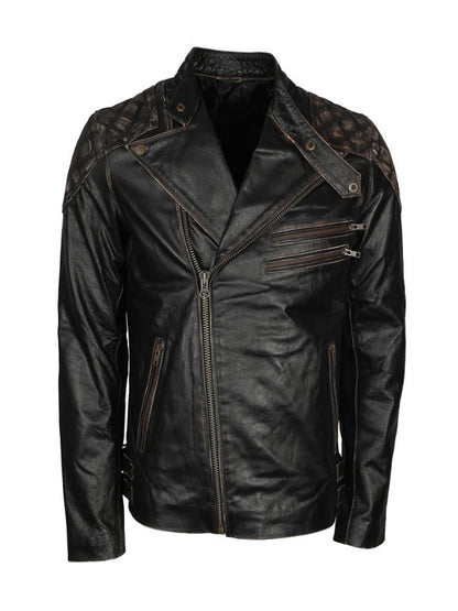 Vintage Distressed Skull Embossed Motorcycle Leather Jacket
