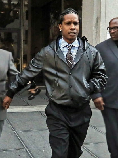 A$AP Rocky Hooded Black Leather Jacket