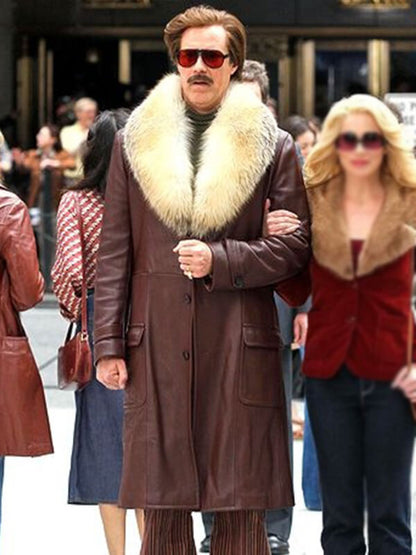 Anchorman 2 Will Ferrell Brown Leather Fur Coat