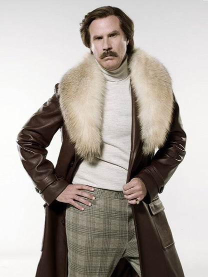 Anchorman 2 Will Ferrell Brown Leather Fur Coat