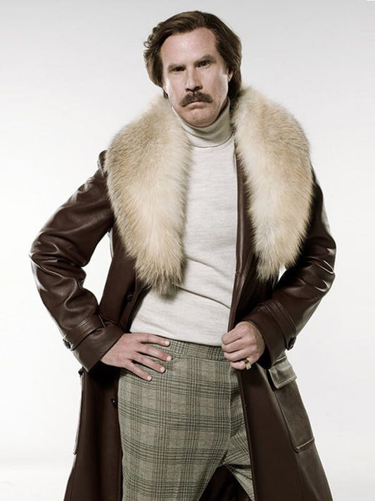 Anchorman 2 Will Ferrell Brown Leather Fur Coat
