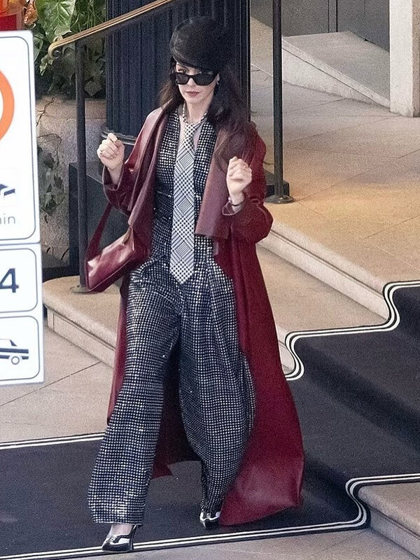 Anne Hathaway The Devil Wears Prada 2 Red Leather Coat