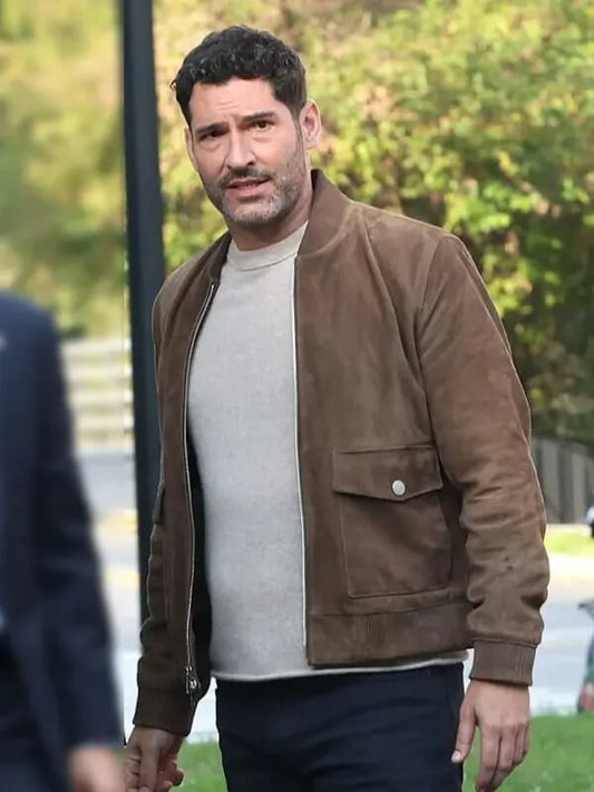 CIA 2026 Tom Ellis Brown Suede Bomber Jacket