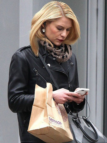 Claire Danes Black Biker Leather Jacket