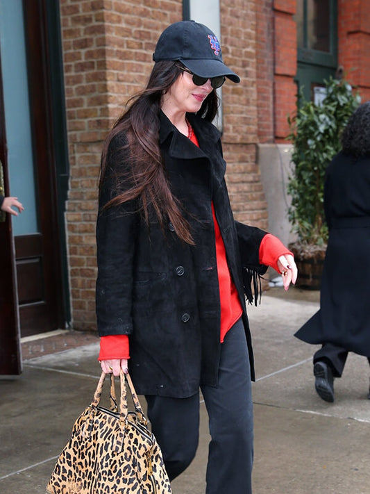 Dakota Johnson NYC 2026 Black Suede Coat
