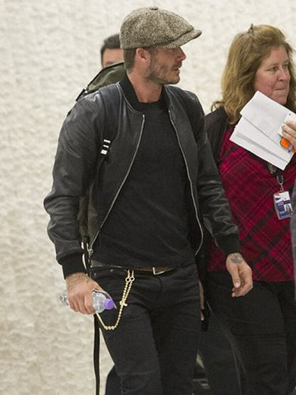 David Beckham Black Leather Bomber Jacket