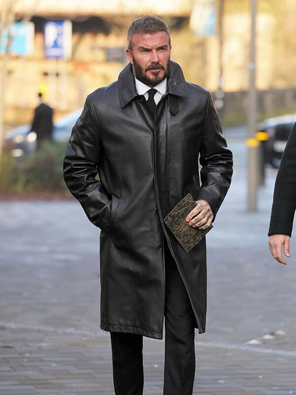 David Beckham Black Leather Trench Coat