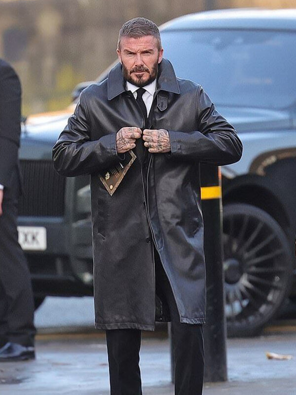 David Beckham Black Leather Trench Coat