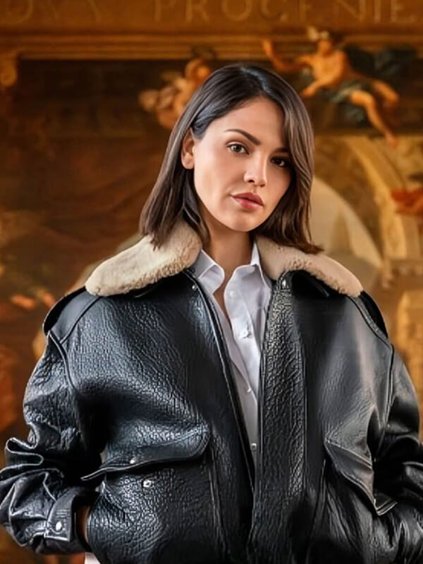 Eiza Gonzalez Fountain of Youth 2025 Black Leather Jacket