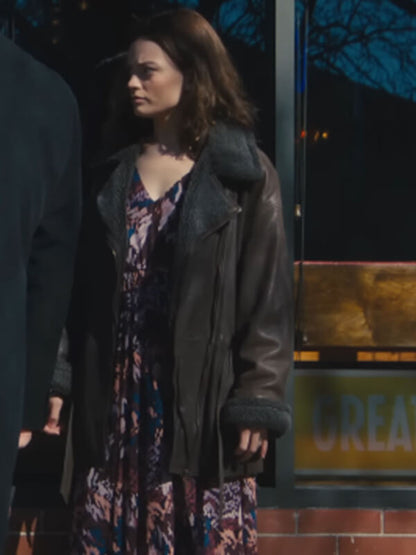 Ella McCay 2025 Emma Mackey Brown Shearling Jacket