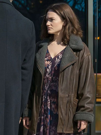 Ella McCay 2025 Emma Mackey Brown Shearling Jacket