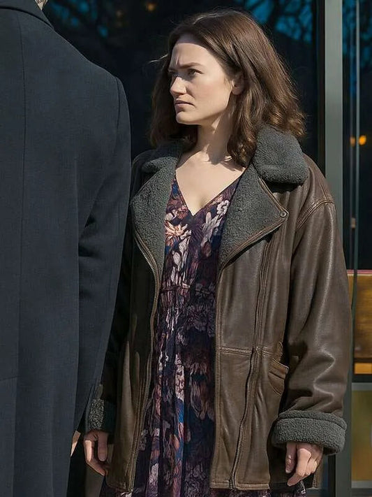 Ella McCay 2025 Emma Mackey Brown Shearling Jacket