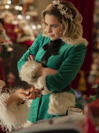 Emilia Clarke Last Christmas Green Suede Coat
