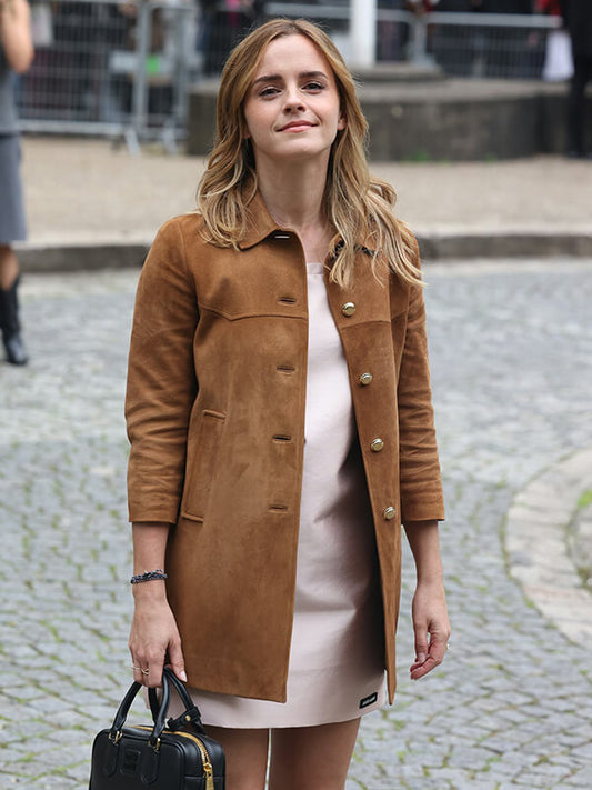 Emma Watson Miu Miu Spring 2026 Brown Suede Coat