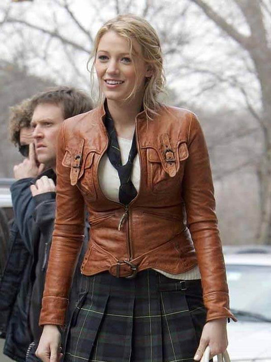 Gossip Girl Blake Lively Brown Leather Jacket