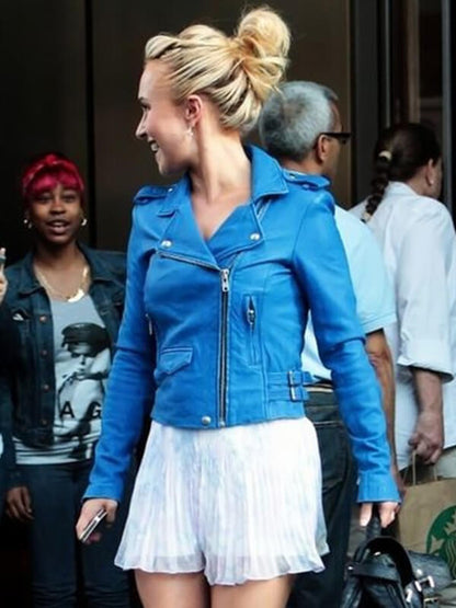 Hayden Panettiere Blue Biker Leaher Jacket