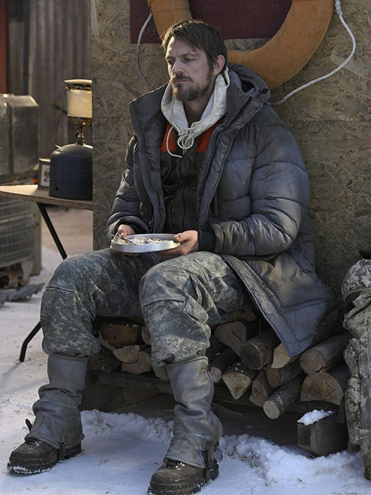 Ice Fall 2025 Joel Kinnaman Grey Puffer Jacket