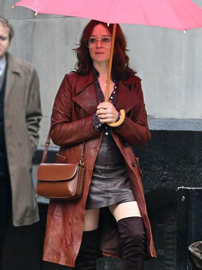 Ink 2026 Claire Foy Burgundy Leather Coat