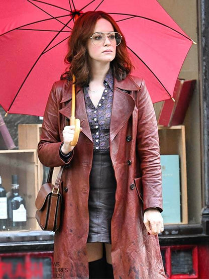 Ink 2026 Claire Foy Burgundy Leather Coat
