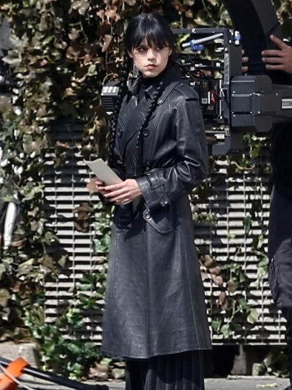 Jenna Ortega Wednesday S03 Black Leather Coat