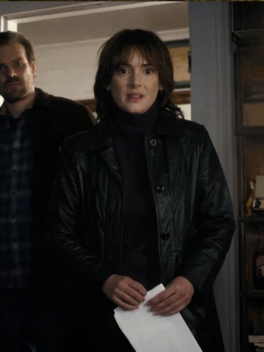 Joyce Byers Stranger Things S01 Black Leather Coat