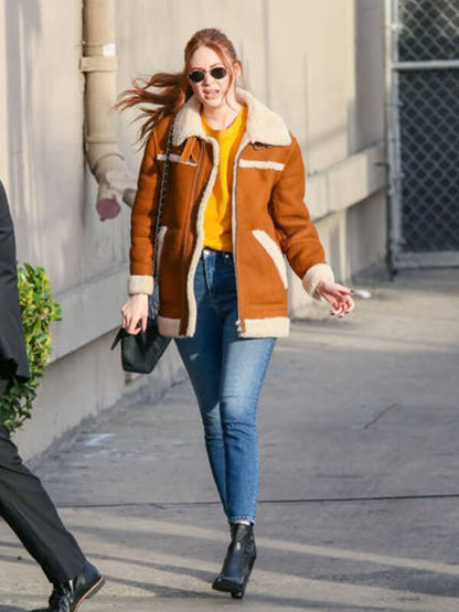 Karen Gillan Brown Shearling Suede Leather Jacket