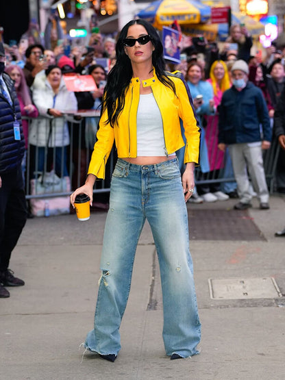 Katy Perry Yellow Leather Cropped Jacket