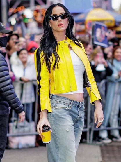 Katy Perry Yellow Leather Cropped Jacket