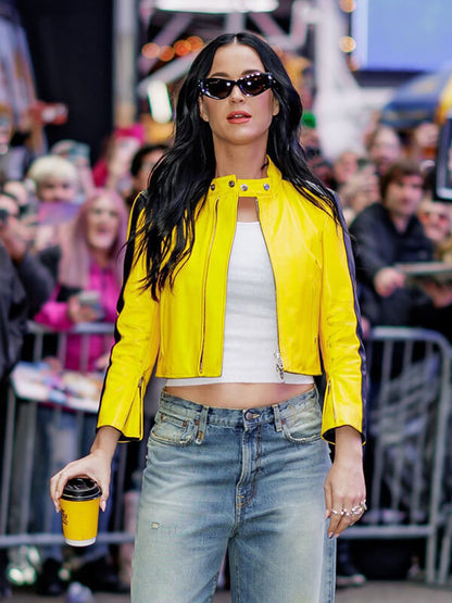Katy Perry Yellow Leather Cropped Jacket