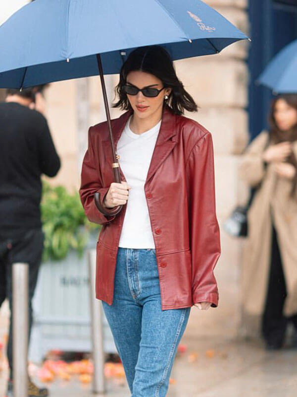 Kendall Jenner Paris 2025 Maroon Leather Blazer